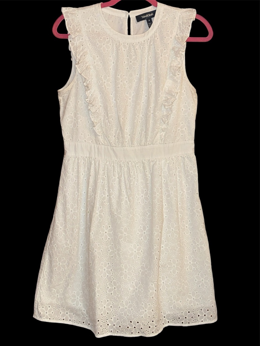 Modcloth White Eyelet Daisy Floral Lined Ruffle Sleeveless Dress Women’s size 8
